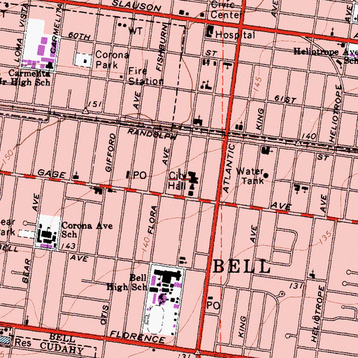 Topographic Map of Bell City Hall, CA
