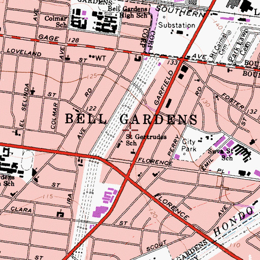 Topographic Map of Bell Gardens Post Office, CA