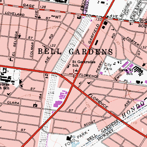 Topographic Map of Bell Gardens Branch County of Los Angeles Public Library, CA