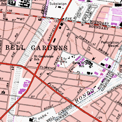 Topographic Map of Bell Gardens Park, CA