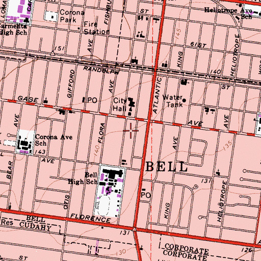 Topographic Map of Bell Palm Plaza Shopping Center, CA