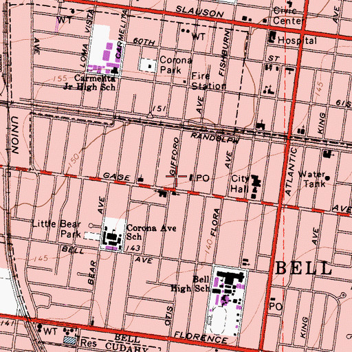 Topographic Map of Bell Post Office, CA