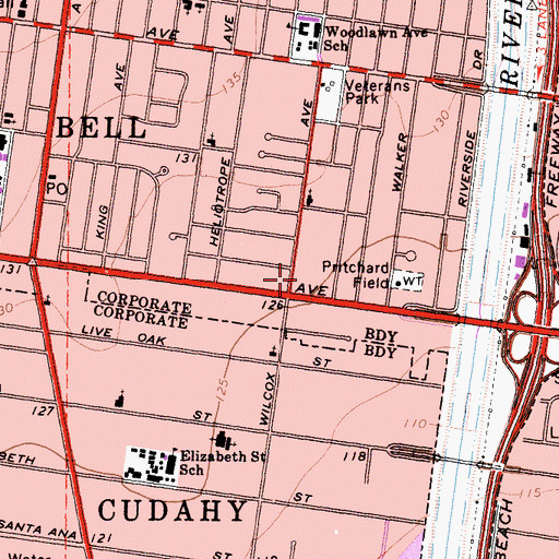 Topographic Map of Bell Shopping Center, CA