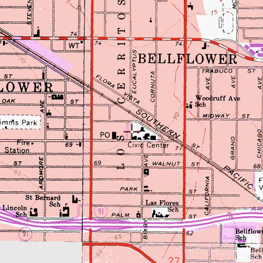 Topographic Map of Bellflower City Hall, CA