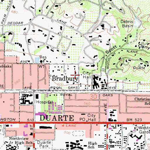 Topographic Map of Bradbury City Hall, CA