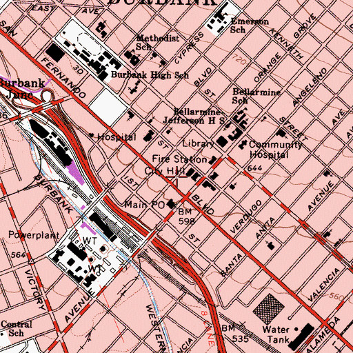 Topographic Map of Burbank City Hall, CA