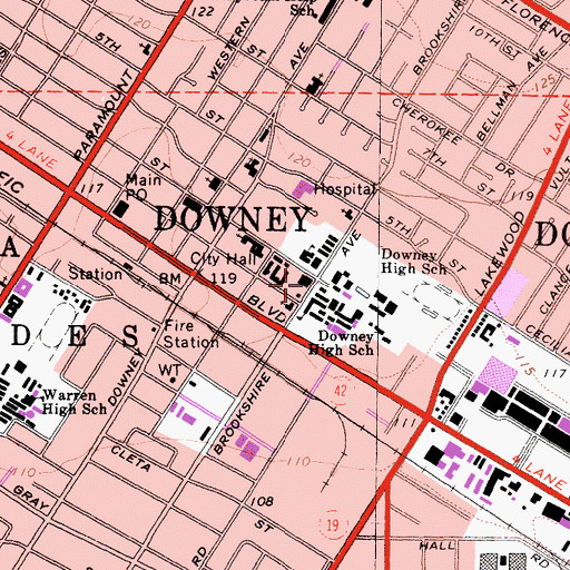 Topographic Map of Downey City Library, CA