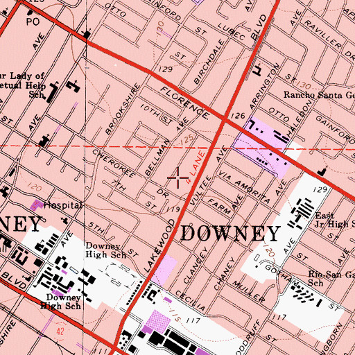 Topographic Map of North Downey Post Office, CA