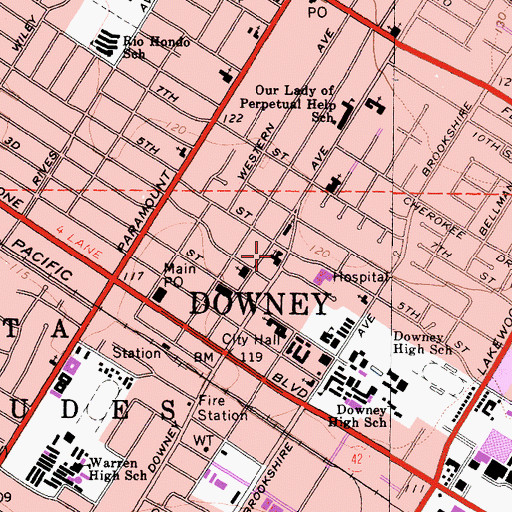 Topographic Map of Downey United Methodist Church, CA