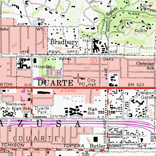 Topographic Map of Duarte City Hall, CA