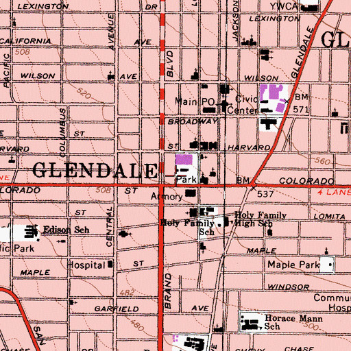 Topographic Map of Glendale Central Park, CA