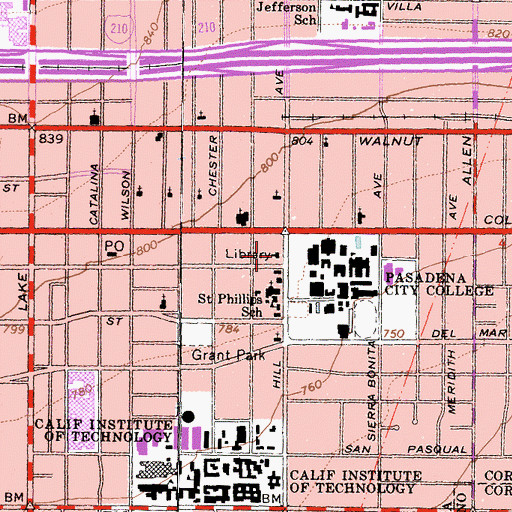 Topographic Map of Hill Avenue Branch Pasadena Public Library, CA