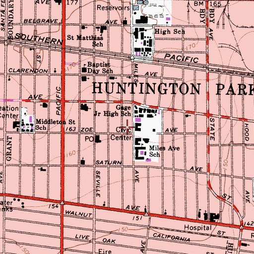 Topographic Map of Huntington Park City Hall, CA