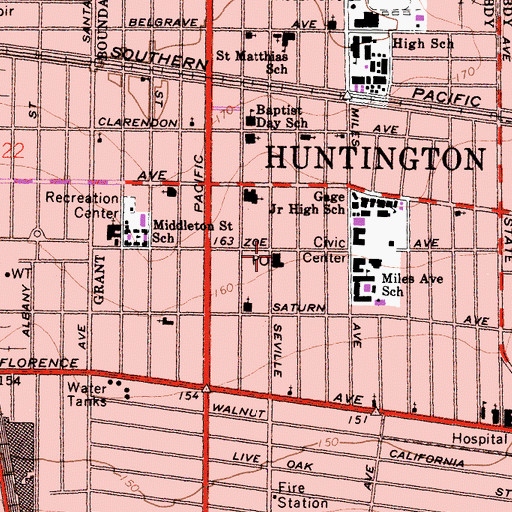 Topographic Map of Huntington Park Post Office, CA