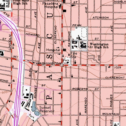Topographic Map of La Pintoresca Branch Pasadena Public Library, CA