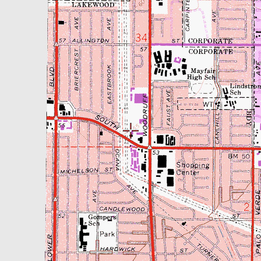 Topographic Map of Lakewood Marketplace Shopping Center, CA