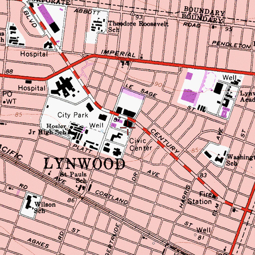 Topographic Map of Lynwood City Hall, CA