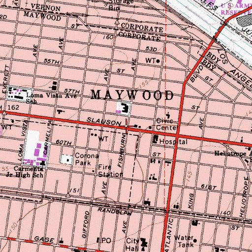 Topographic Map of Maywood City Hall, CA