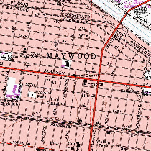 Topographic Map of Maywood Post Office, CA