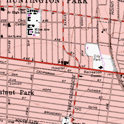 Topographic Map of Community and Mission Hospital of Huntington Park Florence, CA