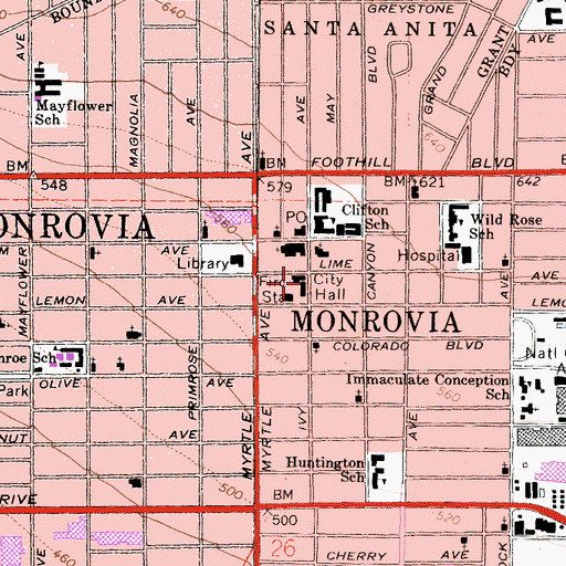 Topographic Map of Monrovia City Hall, CA