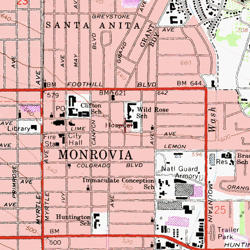 Topographic Map of Monrovia Community Hospital, CA