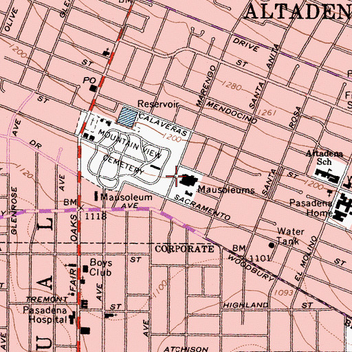 Topographic Map of Mountain View Cemetery and Mausoleum, CA