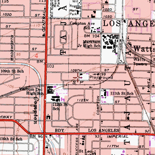 Topographic Map of One Hundred Ninth Street Recreation Center, CA