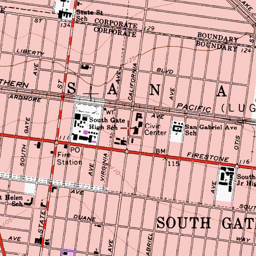 Topographic Map of South Gate City Hall, CA