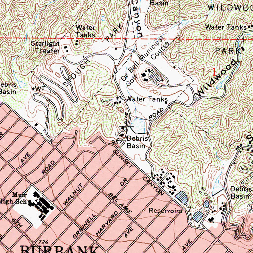 Topographic Map of Stough Debris Basin, CA