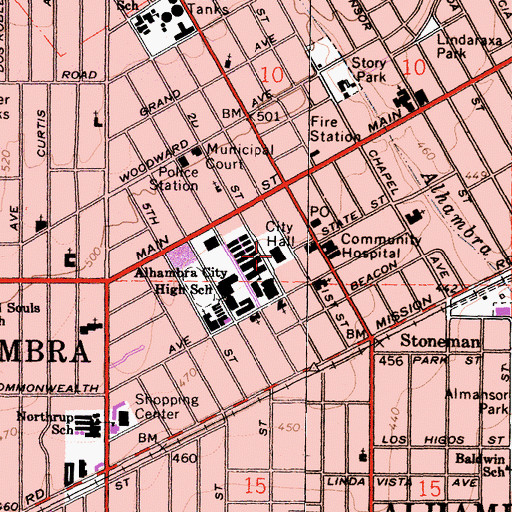 Topographic Map of Alhambra City Hall, CA