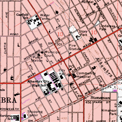 Topographic Map of Alhambra Place Shopping Center, CA