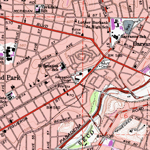 Topographic Map of Highland Park Recreation Center, CA
