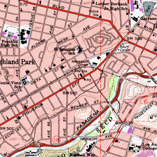 Topographic Map of Highland Park Post Office, CA