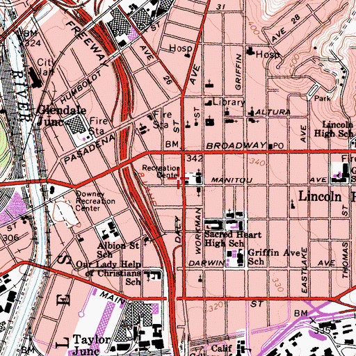 Topographic Map of Lincoln Heights Recreation Center, CA