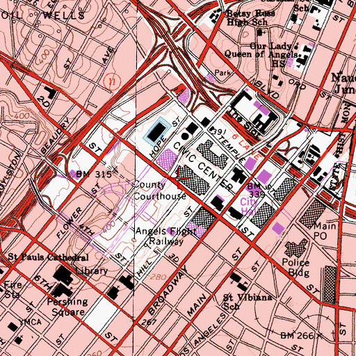 Topographic Map of Los Angeles County Courthouse, CA