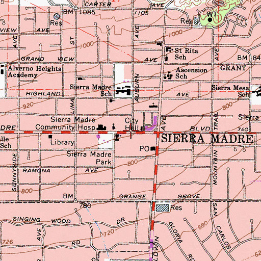 Topographic Map of Sierra Madre City Hall, CA