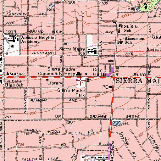 Topographic Map of Sierra Madre Congregational Church, CA