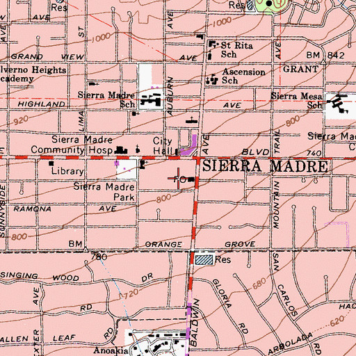 Topographic Map of Sierra Madre Post Office, CA