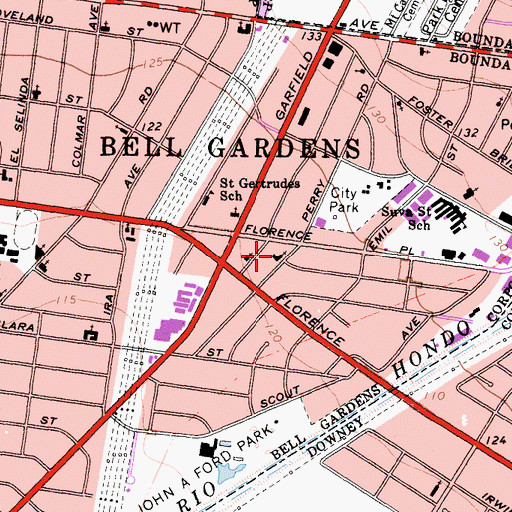 Topographic Map of Bell Gardens Baptist Church, CA
