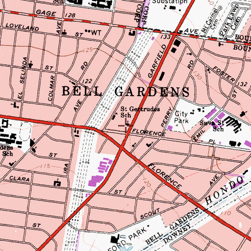 Topographic Map of Bell Gardens City Hall, CA