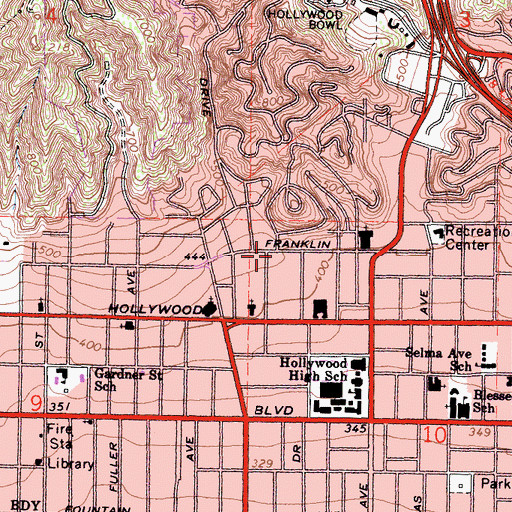 Topographic Map of Hollywood Franklin Park, CA