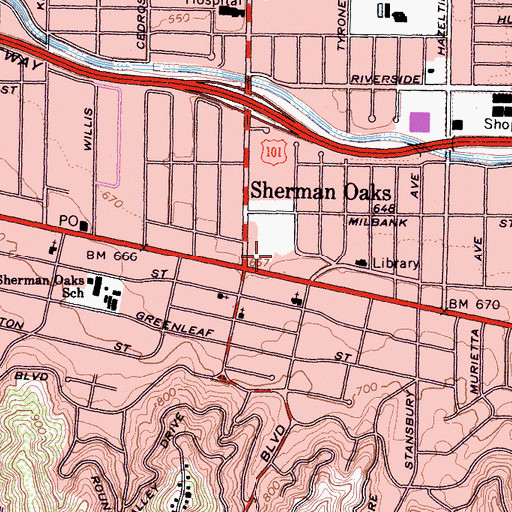 Topographic Map of Sherman Oaks Town Center Shopping Center, CA
