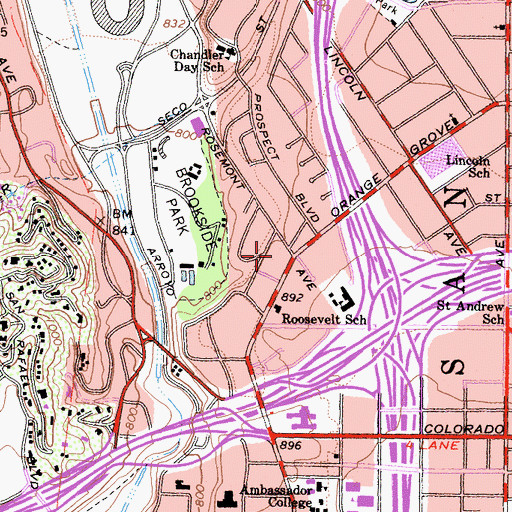Topographic Map of Pacific Oaks College, CA