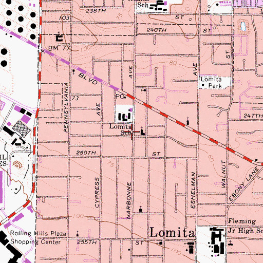 Topographic Map of Narbonne Avenue Baptist Church, CA