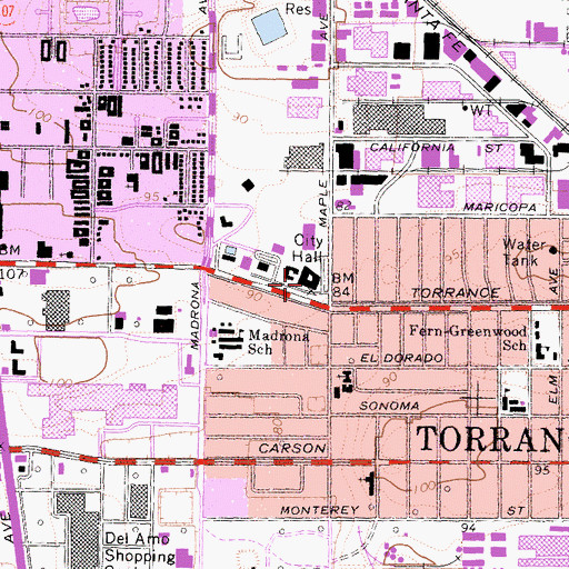 Topographic Map of Torrance City Hall, CA