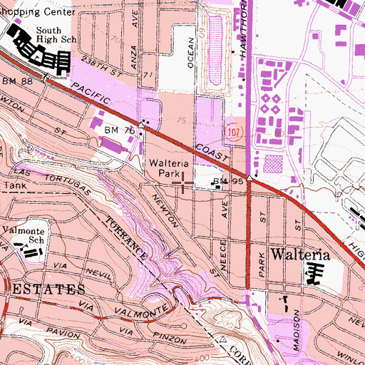 Topographic Map of Walteria Branch Torrance Public Library, CA