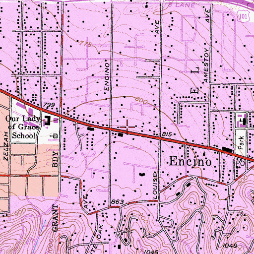 Topographic Map of Courtyard Shops of Encino Shopping Center, CA