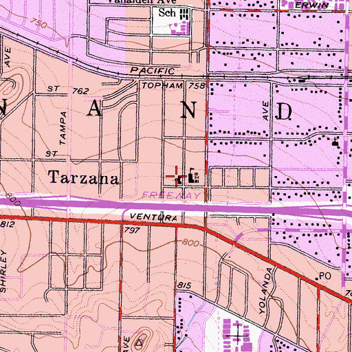 Topographic Map of Tarzana Elementary School, CA