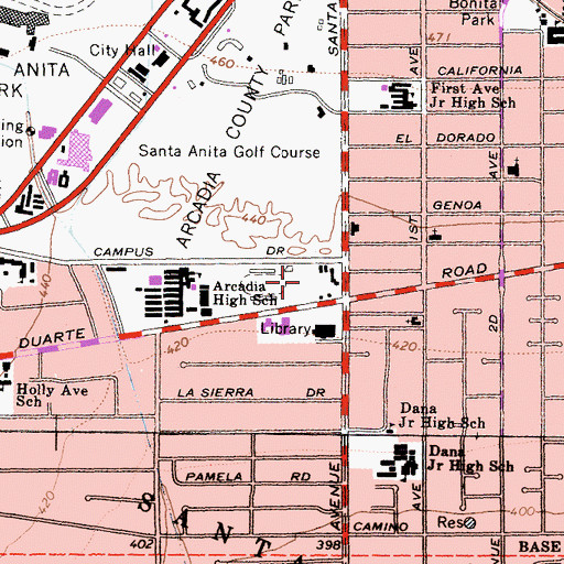 Topographic Map of Arcadia High School Recreation Park, CA